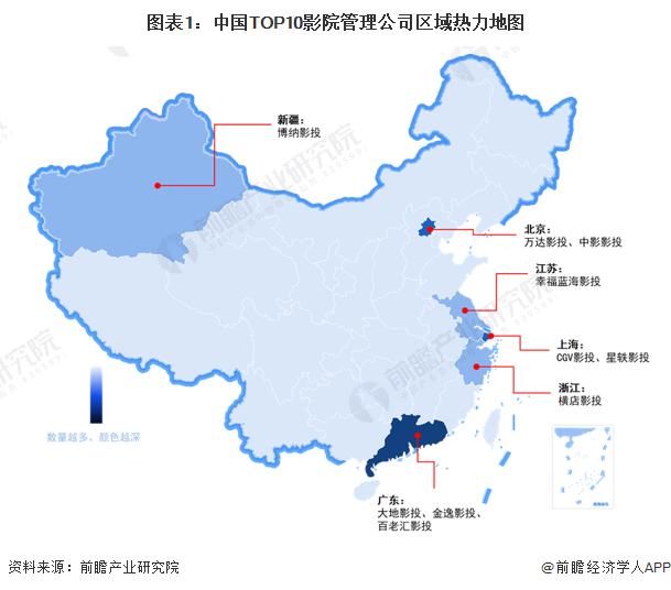 图表1:中国TOP10影院管理公司区域热力地图